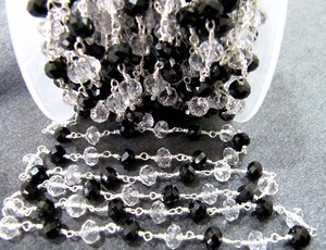 Clear Quartz and Black Spinel Rondelle Faceted 6mm Beaded <b>Wire</b> Wrapped Rosary Chain - Product Image 2