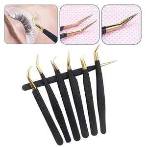 Pinzas de Acero Inoxidable para Extensión de Pestañas, Color Negro Premium con Puntas Doradas, Antideslizantes, Forma Personalizada, Pinzas para Volumen Ruso - Product Image 5