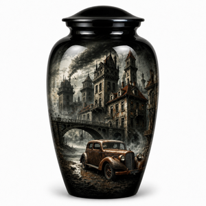 Autocollant photo magnifique et saisissant de paysage nocturne de ville sous la pluie avec urne funéraire commémorative en émail pour cendres humaines d'adultes - Product Image 3