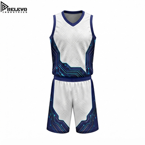 Ensemble de maillots de basket-ball personnalisés OEM sublimés, uniforme sportif technique blanc avec panneaux latéraux bleus style cyberpunk - Product Image 1