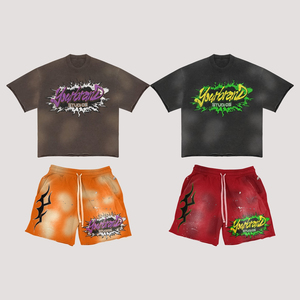 Custom Men's Acid Wash Oversized T-Shirt Shorts Set Vintage Style 100% Cotton <b>Distressed</b> Sun Faded Rhinestone Printed Short Sets - Product Image 3