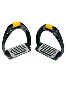 Estribos de aluminio negros con almohadilla amarilla, texturados con tacos metálicos para montar a caballo - Product Image 1