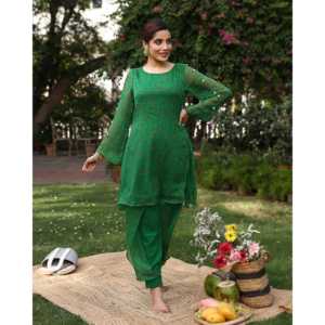 Conjunto de Kurta de Crepé Transpirable Verde Brillante para Mujer, Talla XS - Product Image 2