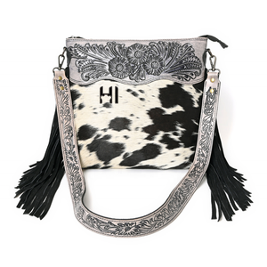 Cowhide Hair Leather Crossbody Bag Flower Tooled Western <b>Fringe</b> Purse - Product Image 1