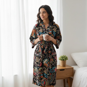 Bata Kimono de Algodón Hecha a Mano para Mujer, Estampado Floral Negro, Manga Larga, Cuello en V, Bata Larga para Descansar, Bata de Noche - Product Image 2