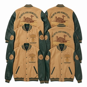 Fabricant de vestes de baseball personnalisées, veste de baseball en laine vert olive avec manches en cuir brun, broderie Heron Cattail, veste varsity letterman - Product Image 3