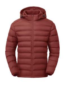 Veste rouge unie à capuche, manches longues, fermeture éclair, polyester chaud pour l'hiver - Product Image 1