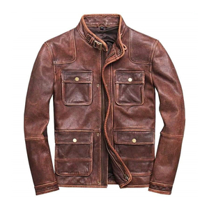 <b>Men's</b> <b>Brown</b> Genuine <b>Leather</b> <b>Jacket</b> Stand Collar Zipper Closure Regular Fit Solid Color Autumn Casual Outerwear Custom Design <b>men</b> - Product Image 1