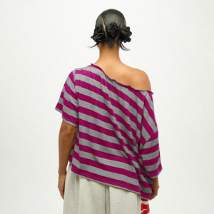 T-shirt tricoté décontracté à manches courtes et épaules dénudées pour femme 2026 – Coupe ample, écologique, respirant, avec logo, rayé, idéal pour l'été - Product Image 2