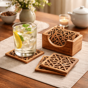 Elegante Juego de Posavasos de Madera de Mango Hechos a Mano con Soporte |   Posavasos Ecológicos de 4 Piezas para Mesa de Centro, Bebidas y Decoración del Hogar - Product Image 1