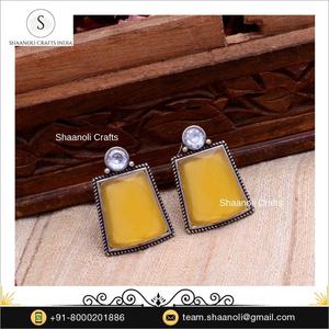Indian Style Handmade Women's <b>Drop</b> Earrings Yellow Beautiful Design Silver Plated Oxidized Featuring Pearls Diamonds For Favors - Product Image 2