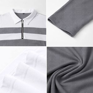 เสื้อโปโลผู้ชายแขนสั้นลายทางถักนิตติ้งมีซิป สีเทาขาว ดีไซน์ระบายอากาศได้ดี เหมาะสำหรับผู้ชาย - Product Image 6