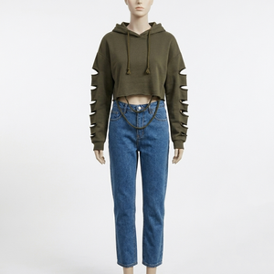 Sudadera con capucha para mujer, 100% algodón, de alta calidad, estilo desgastado, con cierre de cremallera, estilo urbano, con pedrería, corte holgado. - Product Image 2