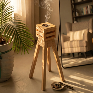 Brûleur d'encens artisanal en bois sur pied avec dessus en bois pour une décoration moderne et une relaxation aromathérapeutique - Product Image 2