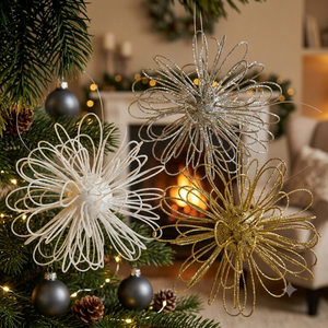 Adorno Navideño de Metal Brillante con Forma de Estrella y Flor, Decoración Colgante para Árbol de Navidad, Plateado, Dorado, Blanco - Product Image 1