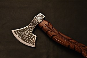 Hand Forged Acid Etched High Carbon Steel Bearded Viking <b>Axe</b> Hand Engraved Rosewood Handle Outdoor Camping Bushcraft Wholesale - Product Image 4