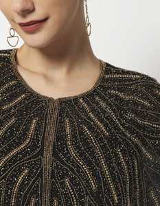 Adult Black Gold Beaded <b>Cape</b> with Leaf Pattern Fringe Decor <b>Wedding</b> Wrap Polyester Embroidery Chandni Export House ODM Supply - Product Image 2
