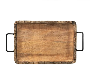 Plateau décoratif en bois rustique Tayyab Handicraft, forme rectangulaire avec incrustations métalliques gravées de motifs floraux, design avec poignée, Noël - Product Image 2