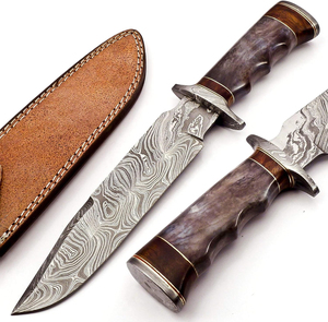 Cuchillo Bowie de Camping de Hoja Fija de Acero Inoxidable Hecho a Mano de Primera Calidad con Funda de Cuero, Mango de Madera de Palisandro y Cuerno de Búfalo, Parcialmente Serrado - Product Image 1