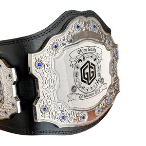 Ceinture de champion Glory Goals avec accents argentés et bleus, ceinture de titre en cuir de qualité supérieure personnalisable pour les événements sportifs - Product Image 3