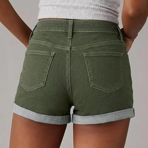 Shorts de mezclilla asimétricos personalizados para mujer con cintura cruzada, dobladillo con vuelta, color verde oliva, de cintura alta, de algodón, para verano, ¡Oferta caliente! - Product Image 5