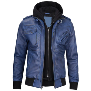 Veste à capuche en cuir de vache bleu pour homme, style motard, fermeture éclair, poches avant, coupe classique, hiver, tendance OEM - Product Image 5