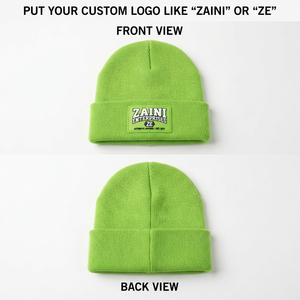 <b>Mens</b> Beanie Cap 100 Percent Acrylic Knit Fabric 320 GSM Lime Green Custom Woven Patch Logo Embroidery Warm <b>Winter</b> Cuffed <b>Hat</b> - Product Image 1