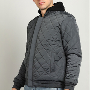 <b>Men's</b> Quilted Hooded Bomber <b>Jacket</b> Windproof Casual Solid Color Polyester Wadding Zipper Closure Autumn Wear - Product Image 3