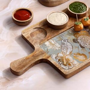 Plateau de service artisanal en bois de manguier écologique avec bols, plateau rustique pour apéritifs et collations, 100 pièces pour les fêtes à domicile - Product Image 5