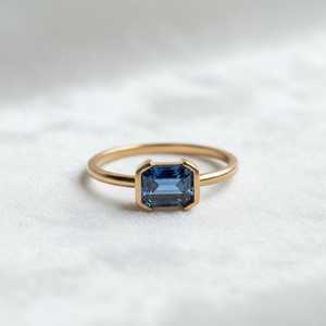 <b>Emerald</b> Cut Blue Sapphire <b>Ring</b> 925 Sterling <b>Silver</b> 14K Gold Plated Dainty Solitaire Engagement Handmade Promise <b>Ring</b> - Product Image 1
