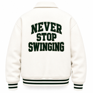 Chaqueta Varsity Blanca de Alta Calidad para Hombre, Bordada con 'Never Stop Swinging', Estilo Preppy, de Algodón, para Otoño - Product Image 2