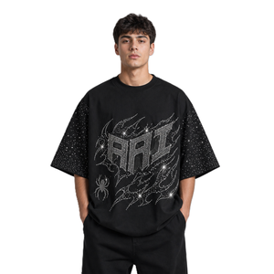 Chemises pour hommes en coton 100% respirant, couleur unie, personnalisées avec strass sur toute la surface, coupe ample oversize, style streetwear, épaules tombantes, col rond - Product Image 1