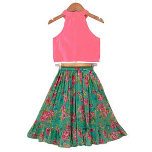 Ensemble Lehenga Chanderi pour femme, vert corail, haut uni sans manches, style doux, col licou, longueur genou, élégant, ethnique, pour soirée - Product Image 2