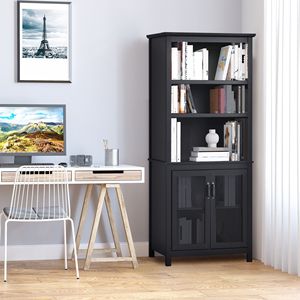Libreria Alta 71 Pollici con Ripiani Regolabili e Ante in Vetro per Ufficio, Cucina, Soggiorno, Colore Nero - Product Image 2