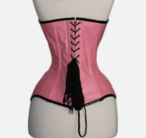 Pink Faux Leather Corset <b>Women's</b> Firm Control Shapewear With Hook-and-Eye Closure Over Bust Front Black Piping Steel Boned - Product Image 3