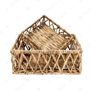 Water Hyacinth Vintage Style Open Lattice Storage <b>Basket</b> Set with Handles <b>Stackable</b> Eco-Friendly Multi-Purpose Rectangle Design - Product Image 4
