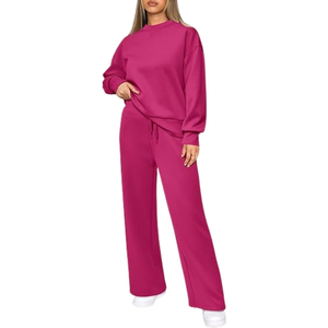 Women Plus Size Solid <b>Pink</b> Casual <b>Tracksuit</b> Crew Neck Sweatshirt With Drawstring Pants Full Length Loose Fit Fall Sweatsuits - Product Image 1