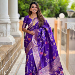 Sari en soie Banarasi riche avec bordure Meenakari, réversible, protection solaire, pour mariage - Product Image 1