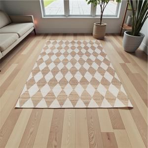 Alfombra Kilim de Yute Moderna, Ecológica y Hecha a Mano con Patrón Abstracto en Beige Natural Marfil, Tejido Plano para Sala de Estar - Product Image 1