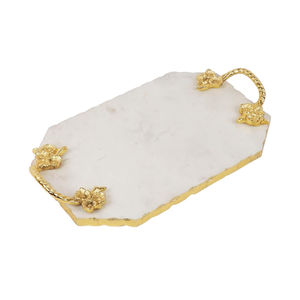 Bandeja de Servir Creativa de Mármol Blanco Natural con Acabado Dorado y Asas Metálicas con Diseño Floral de Orquídea para Decoración del Hogar, Cocina y Comedor - Product Image 1