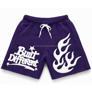 Shorts de jogging pour hommes, style streetwear vintage, coupe oversize, effet délavé soleil, délavé à l'acide, broderie chenille, imprimé en relief - Product Image 3