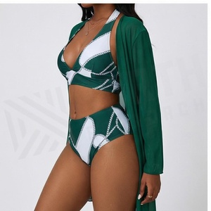 Women Green <b>White</b> Geometric Print 2 Piece <b>Bikini</b> <b>Set</b> Deep V Neck High Waist Push Up Swimwear With Contrast Binding - Product Image 3