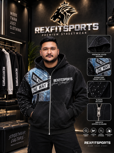 REXFITSPORTS 2026 Sweat-shirt à capuche entièrement zippé noir personnalisé, veste streetwear graphique, molleton de coton premium, vente en gros - Product Image 1