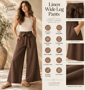 Pantalones Anchos de Lino y Algodón Marrón para Mujer, Corte Holgado, Cintura Alta, Bolsillos Delanteros con Cordón, Ecológicos, Casuales, para Vacaciones de Verano - Product Image 2