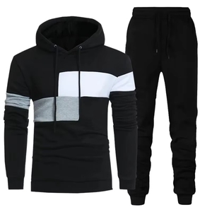 Ensemble de survêtement d'hiver personnalisé pour homme, à capuche, color block, 100 % coton, pull et pantalon de jogging, épais, respirant, taille élastique - Product Image 1