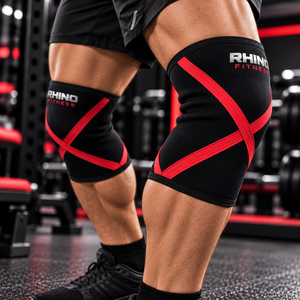 Rhino Fitness Men's Durable Polyester Elastic <b>Knee</b> Sleeves Black with Red X <b>Straps</b> Gym <b>Support</b> - Product Image 2