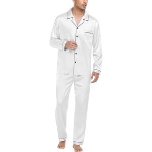 <b>Men's</b> White Silk Satin <b>Pajama</b> <b>Set</b> Long Sleeve Solid Color Classical Style with Pocket Spring Sleepwear - Product Image 1