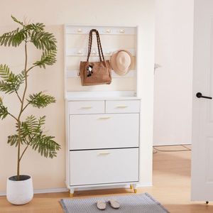 Armadio Bianco per Ingresso/Camera da Letto con Asta Appendiabiti, Scarpiera Semplice, Cassetti, Ripiani e Maniglie, con Scarpiera Inclusa - Product Image 3