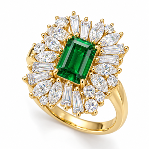 Bague de luxe en or jaune 14K avec émeraude verte taillée en grappe soleil, diamant de laboratoire et placage rhodium, personnalisable OEM pour soirée - Product Image 1