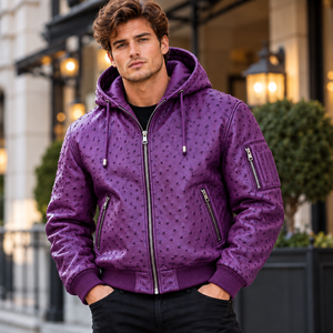 Blouson bomber à capuche en cuir d'autruche gaufré pour homme – Blouson matelassé en cuir texturé de luxe avec fermeture éclair - Product Image 1
